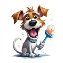 Illustration of a smiling dog holding a toothbrush over white background promoting dental health in canines. AI generated