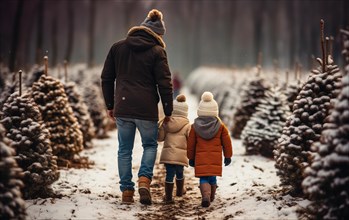 Young father and daughters walking to choose A christmas tree at the snowy farm. generative AI