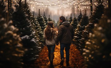 Young romantic couple walking to choose A christmas tree at the farm. generative AI