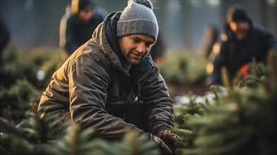 Young man working at the christmas tree farm planting new trees during the holiday season. generative AI