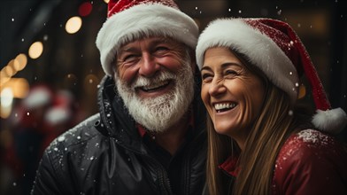 Festive middle-aged couple wearing santa hats laughing together in the snowy evening. generative AI