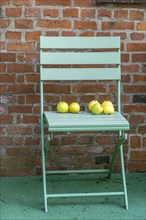 Apples on green garden chair in front of brick wall