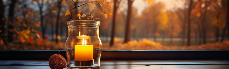 Candle resting on window sill with a fall mountain country view banner