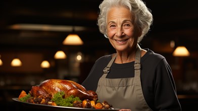 Happy elderly woman wearing her apron fixing her thanksgiving turkey and all the fixings in the kitchen