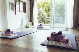Cute yoga studio with mats on the floor