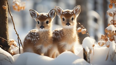 Two adorable fawn deer in the wintery wilderness. generative AI