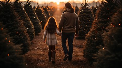 Young father and daughter walking to choose A christmas tree at the snowy farm. generative AI