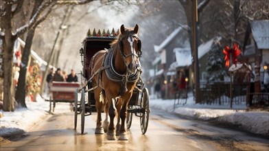 Horse pulling a holiday decorated carriage through the christmas village. generative AI