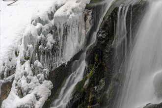 Frozen waterfall in a mountain stream in winters. Le Le Hohwald Bas-Rhin