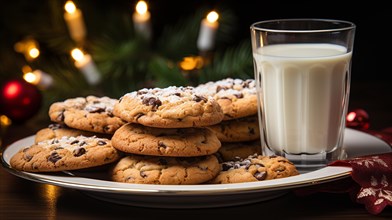 Chocolate chip cookies and milk on a small plate waiting for santa clause amist the decorations on christmas eve. generative AI