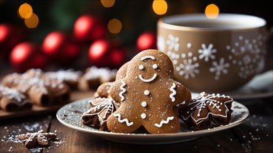 Christmas gingerbread man cookies on a small plate amist the decorations. generative AI