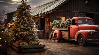 Vintage pick-up truck carrying A christmas tree parked outside festively decorated barn shop. generative AI