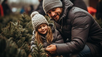 Young father and daughter choosing A christmas tree at the tree farm. generative AI