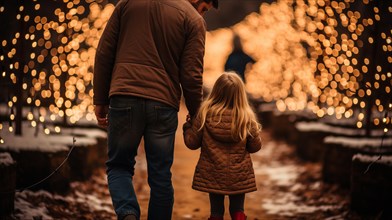 Young father and daughter walking to choose A christmas tree at the snowy farm. generative AI