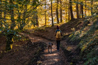 A young hiker walking with her dog in the Artikutza natural park on an autumn afternoon