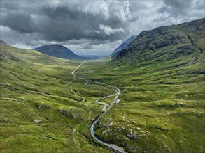 Aerial view of Glen Coe with the A82 scenic road