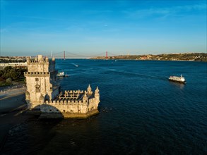 Aerial view of Belem Tower famous tourist landmark of Lisboa and tourism attraction on the bank of the Tagus River