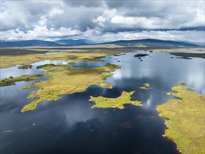 Aerial view of the islands and surrounding peat swamp of Loch Ba