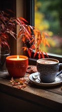 Candle and cup resting on window sill with a fall mountain country view