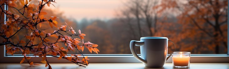 Candle and cup resting on window sill with a fall mountain country veiw banner