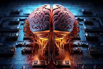 Illustration of a human brain connected to a circuit board with processors and other electronic components. AI generated