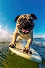 Excited pug riding a wave on a surfbard on a sunny day with blue sky. AI generated