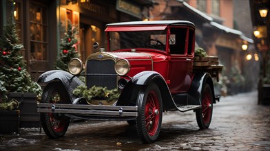 Classic vintage car parked outside the festively christmas decorated shops. generative AI