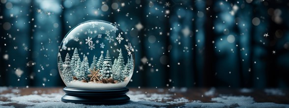 Christmas snow globe with pine trees and cabin on a wood surface banner. generative AI