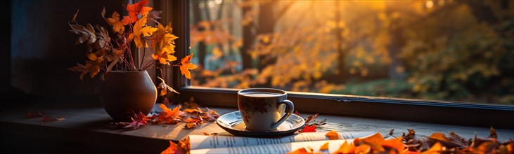 Cup and open book resting on window sill with a fall mountain country view banner