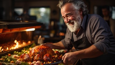 Happy middle-aged man wearing an apron presenting the thanksgiving turkey and seasonal meal he prepared