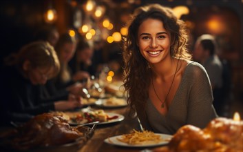 Portrait of a beautiful young lady sitting at the thanksgiving table with family and friends