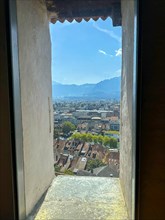 Window View over City of Thun and Mountain in Thun