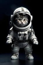 Illustration of a kitten dressed as an astronaut in studio setting. AI generated