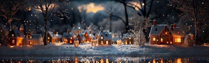 Miniature holiday christmas decorated town and snowy village scene banner. generative AI