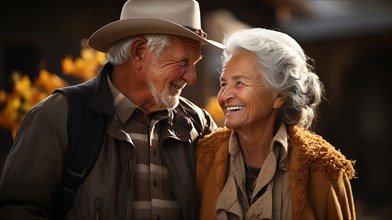 A loving senior couple enjoying the fall gathering on the farm