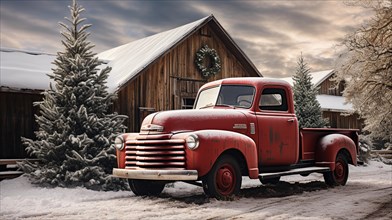 Vintage pick-up truck carrying A christmas tree parked outside festively decorated barn shop. generative AI