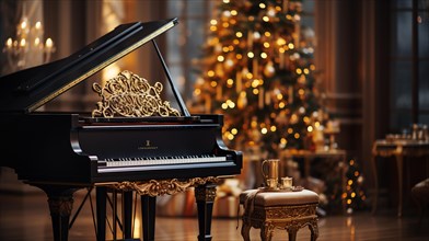 Classic ornate grand piano in A christmas decorated music room. generative AI