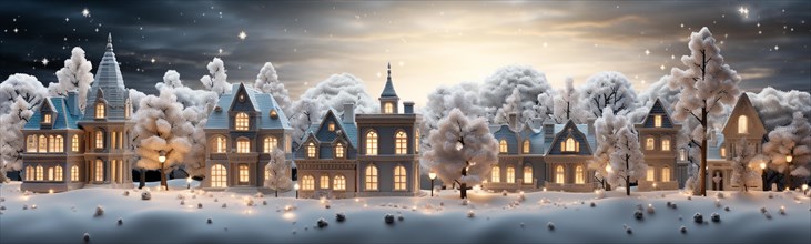 Miniature holiday christmas decorated town and snowy village scene banner. generative AI