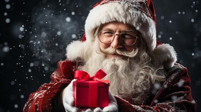 Santa clause holding a red wrapped gift box outside in the snow. generative AI