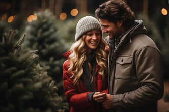 Young romantic couple walking to choose A christmas tree at the farm. generative AI