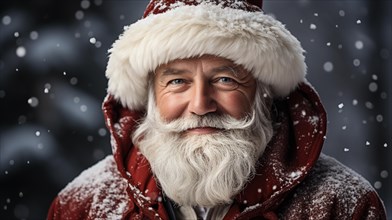 Santa clause dressed man with white beard outside on a snowy christmas night. generative AI