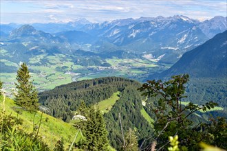 View of Golling in the Salzach valley from the Rossfeld panorama road near Berchtesgaden