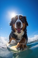 Excited Bernese Mountain Dog riding a wave on a surfbard on a sunny day with blue sky. AI generated