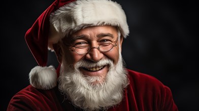 Jovial laughing santa clause dressed man wearing a santa hat and red jackete. generative AI