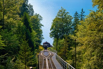 The Oldest Cable Train in Europe with the View over Lake Brienz with Mountain in Giessbach