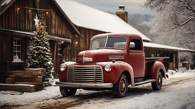 Vintage pick-up truck parked outside festively decorated barn shop. generative AI