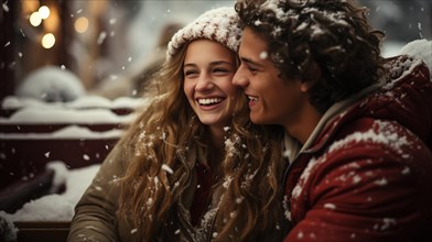 Festive young couple wearing santa hats laughing together in the snowy evening. generative AI