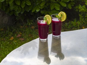 Freshly squeezed juice of beetroot with apple and lemon in a juice glass