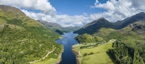 Aerial panorama of the eastern part of the freshwater loch Loch Leven