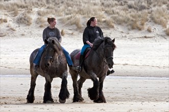 Two women riding draught horses on beach